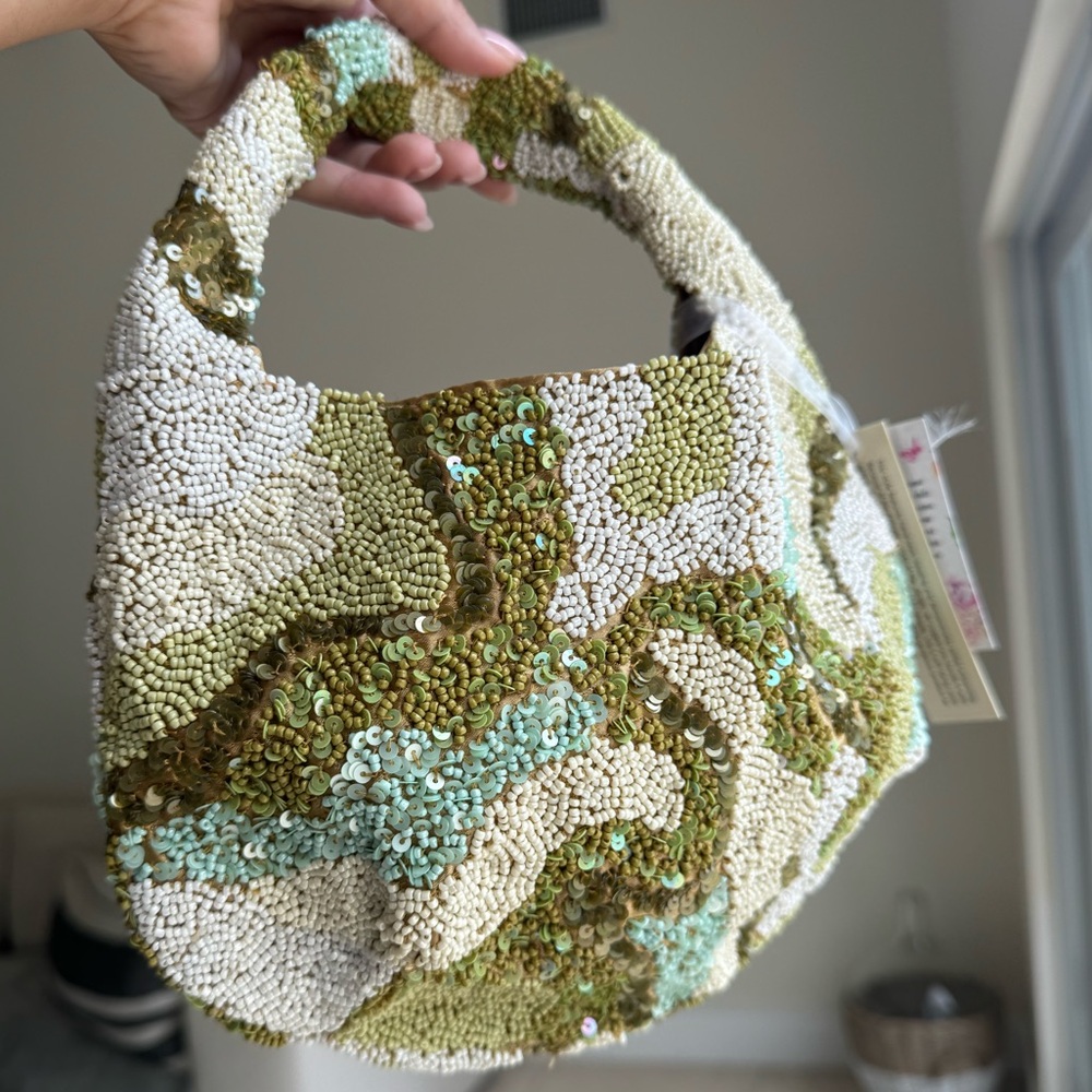 Handmade Green & Cream Beaded Hobo Bag – Sequin Abstract Pattern - Picture 2 of 7